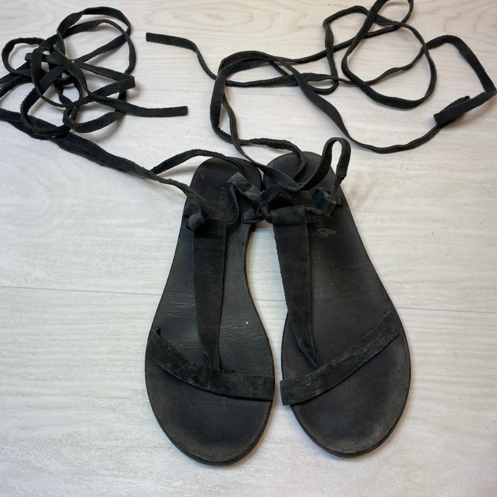 Free People Womens 39 Wrap Sandals Gladiator Black Suede Lace Up Flat Boho Shoes
